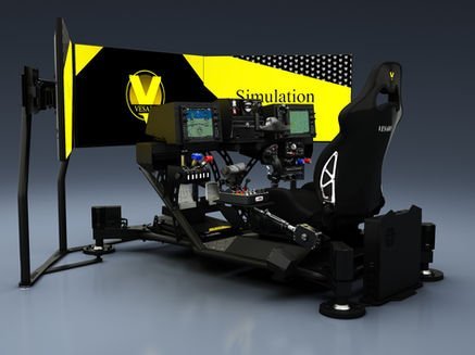 Vesaro simulator in yellow and black with full cockpit setup