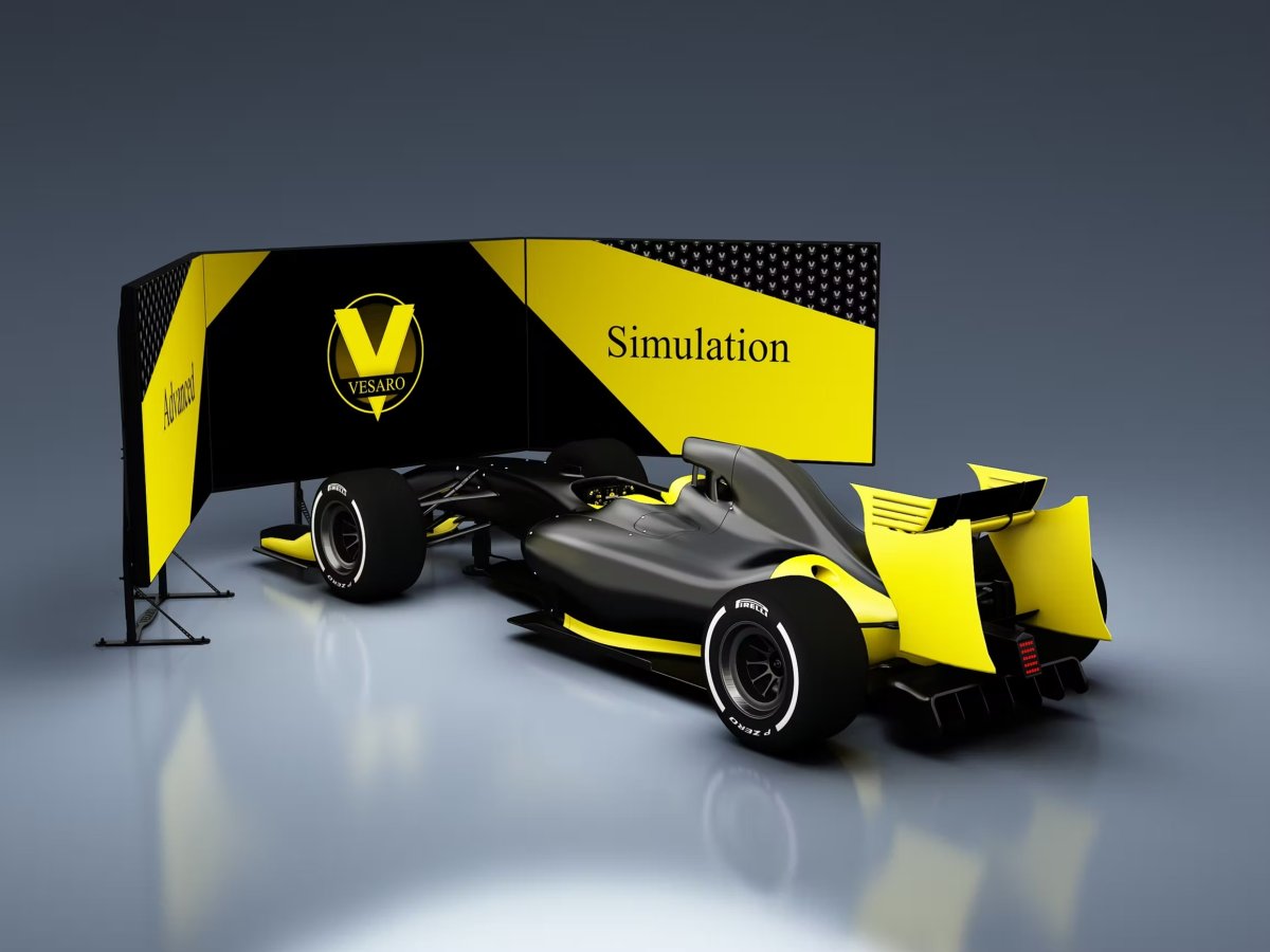Vesaro simulator with gold accents and dual curved monitors
