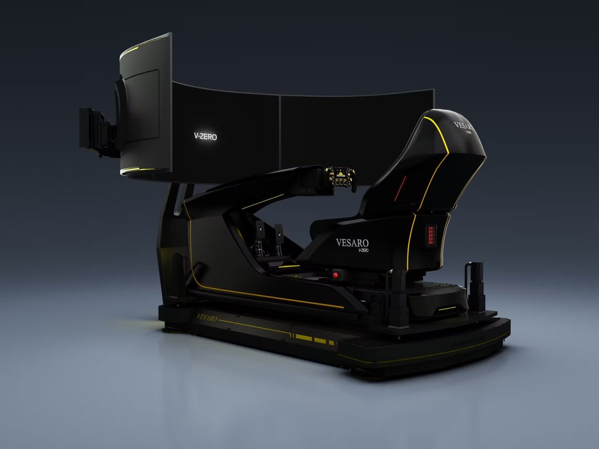 Vesaro simulator with gold accents and dual curved monitors