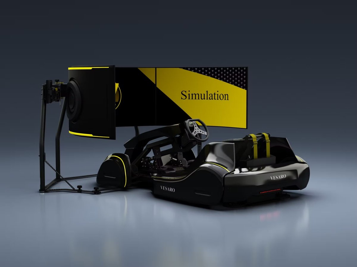 Vesaro simulator with gold accents and dual curved monitors