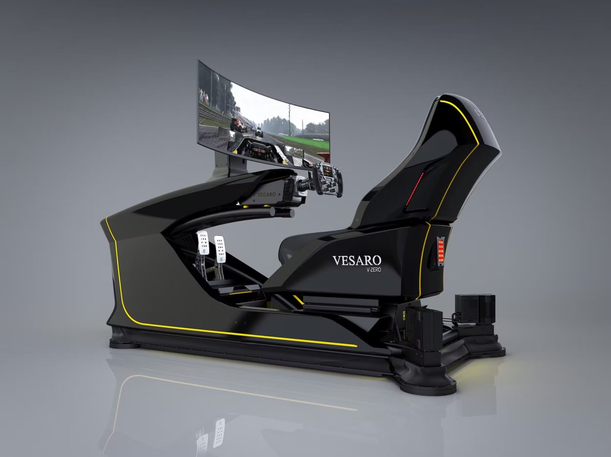 Vesaro simulator cockpit with premium racing seat and gold trim controls