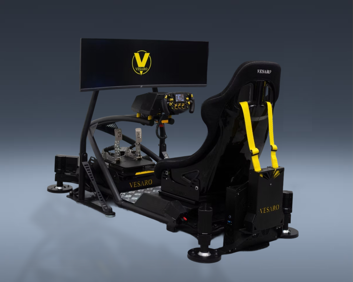 Vesaro simulator pod with transparent display panel and yellow accents