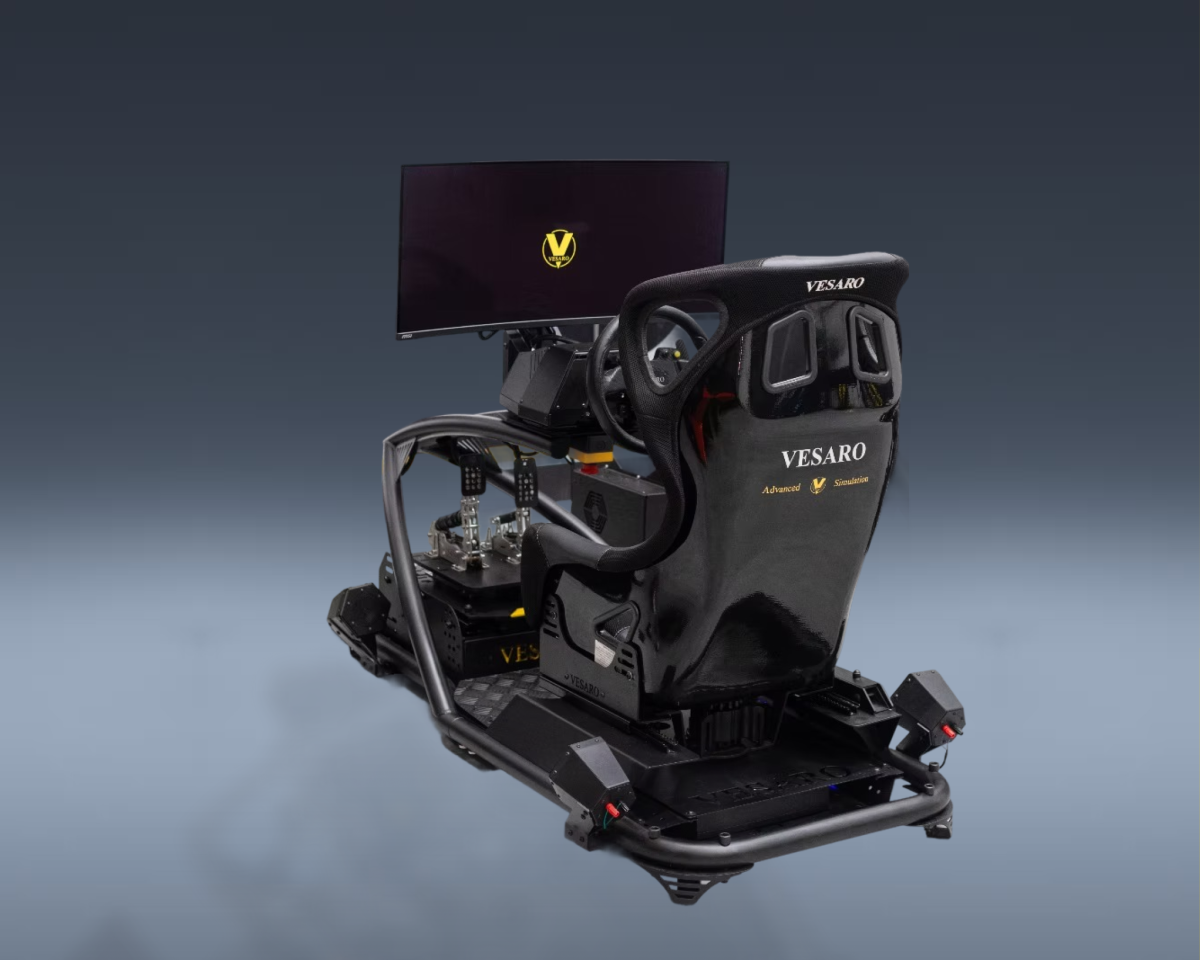 Vesaro premium simulator setup with triple curved monitor display in a luxury environment