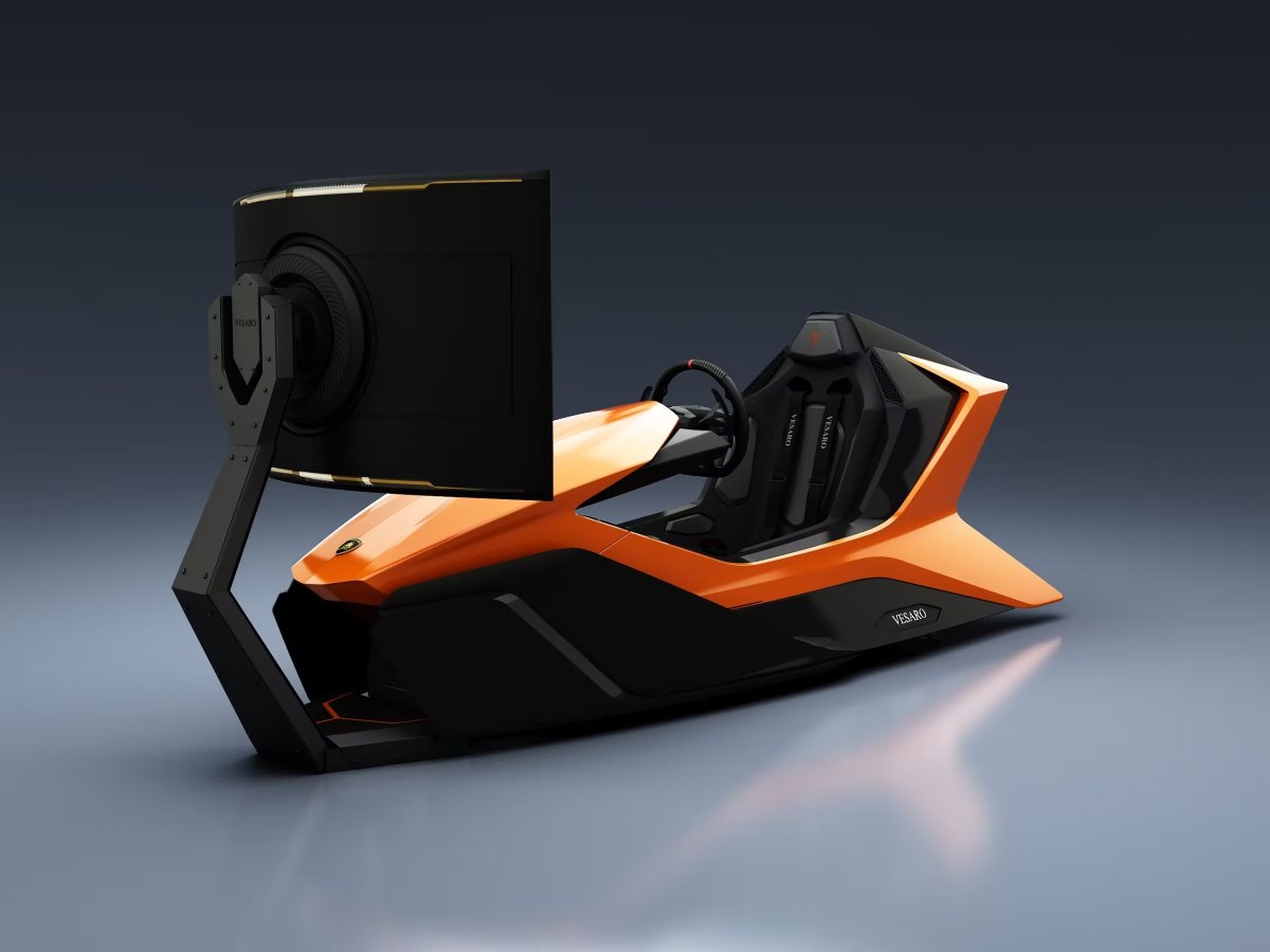 Vesaro x Automobili Lamborghini racing simulator with gold accents and integrated curved display